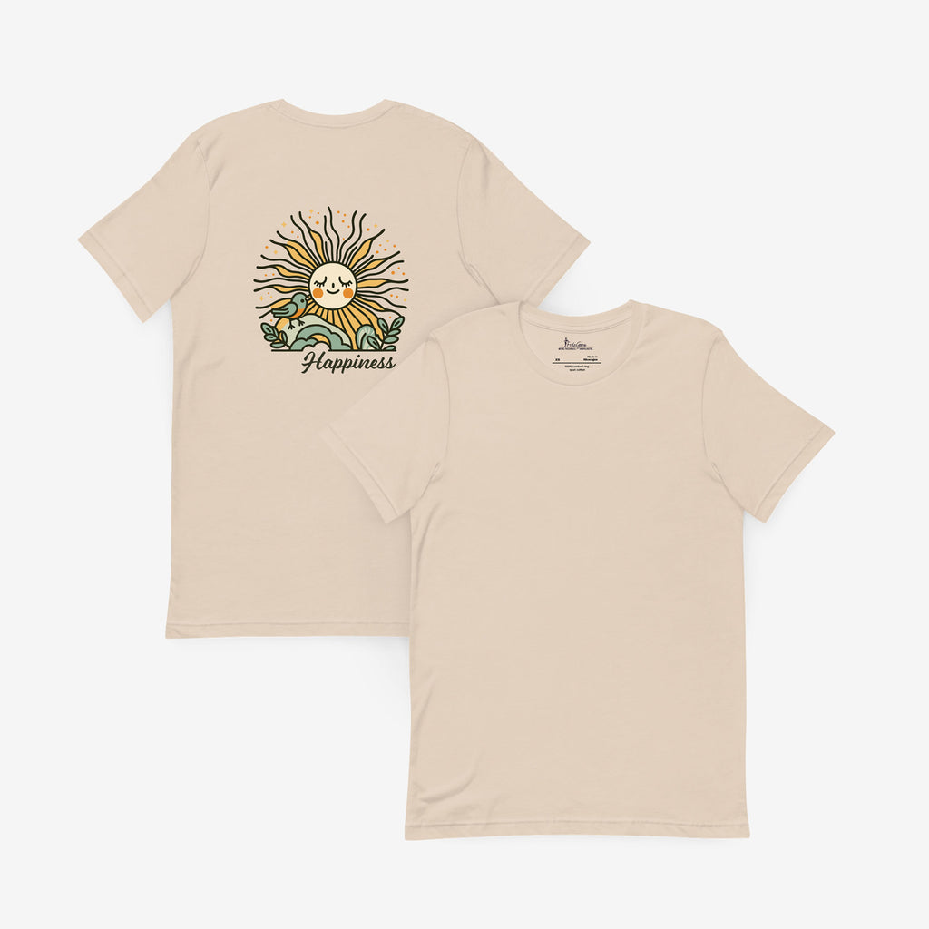 Back and front view of beige t-shirt with a sun graphic and 'Happiness' text on a white background