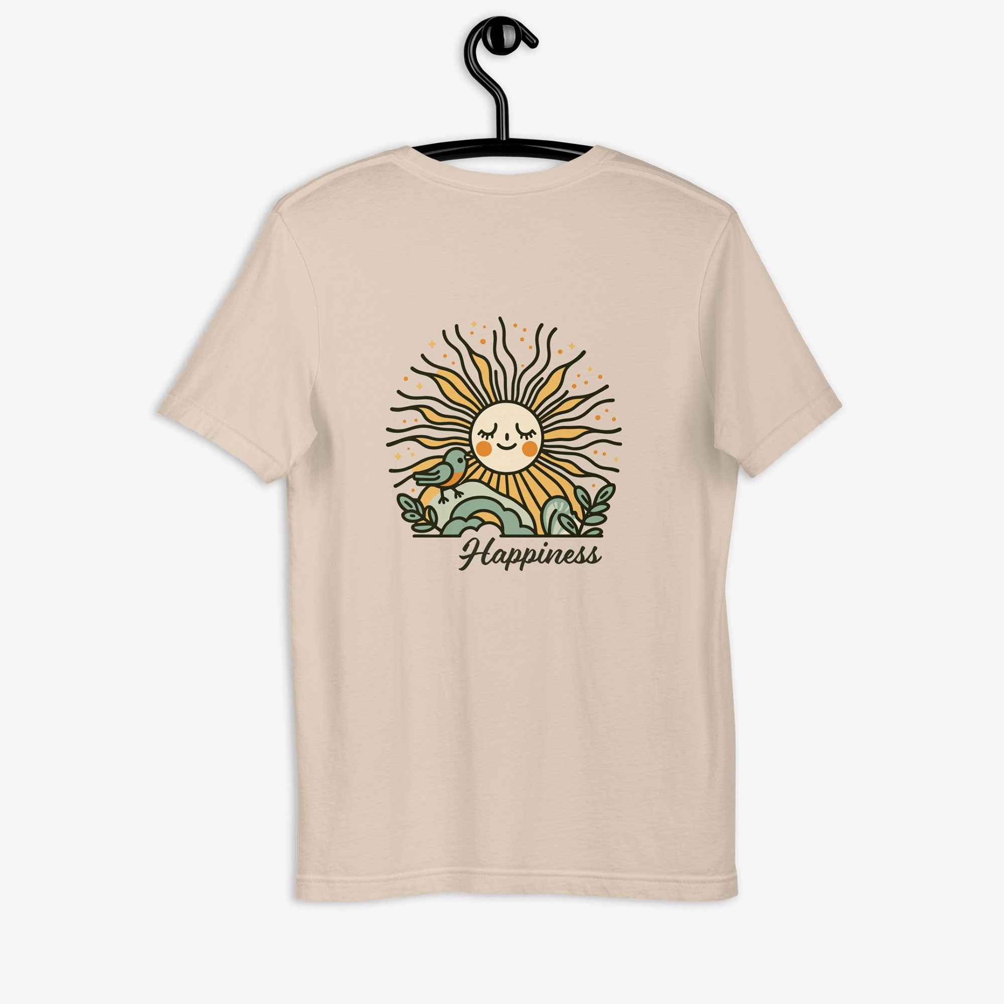 Beige t-shirt with a sun and moon graphic and 'Happiness' text on a hanger against a white background
