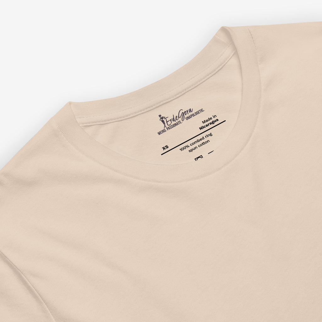 Beige t-shirt with erdegora brand label on a white background