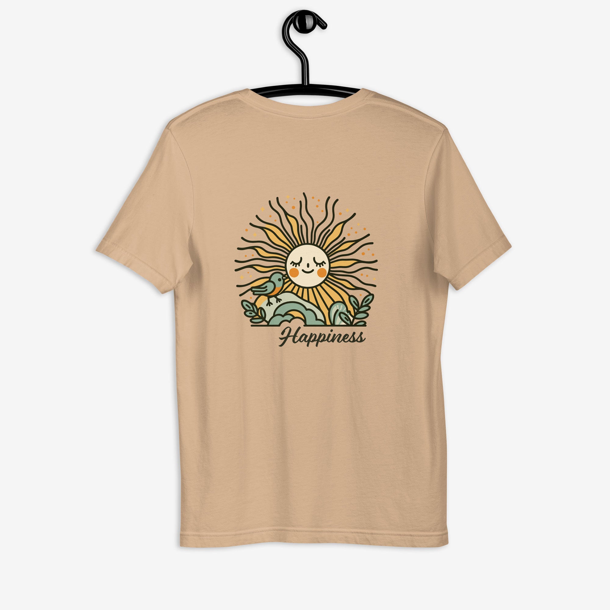 Beige t-shirt with a sun and moon graphic and 'Happiness' text on a hanger against a white background