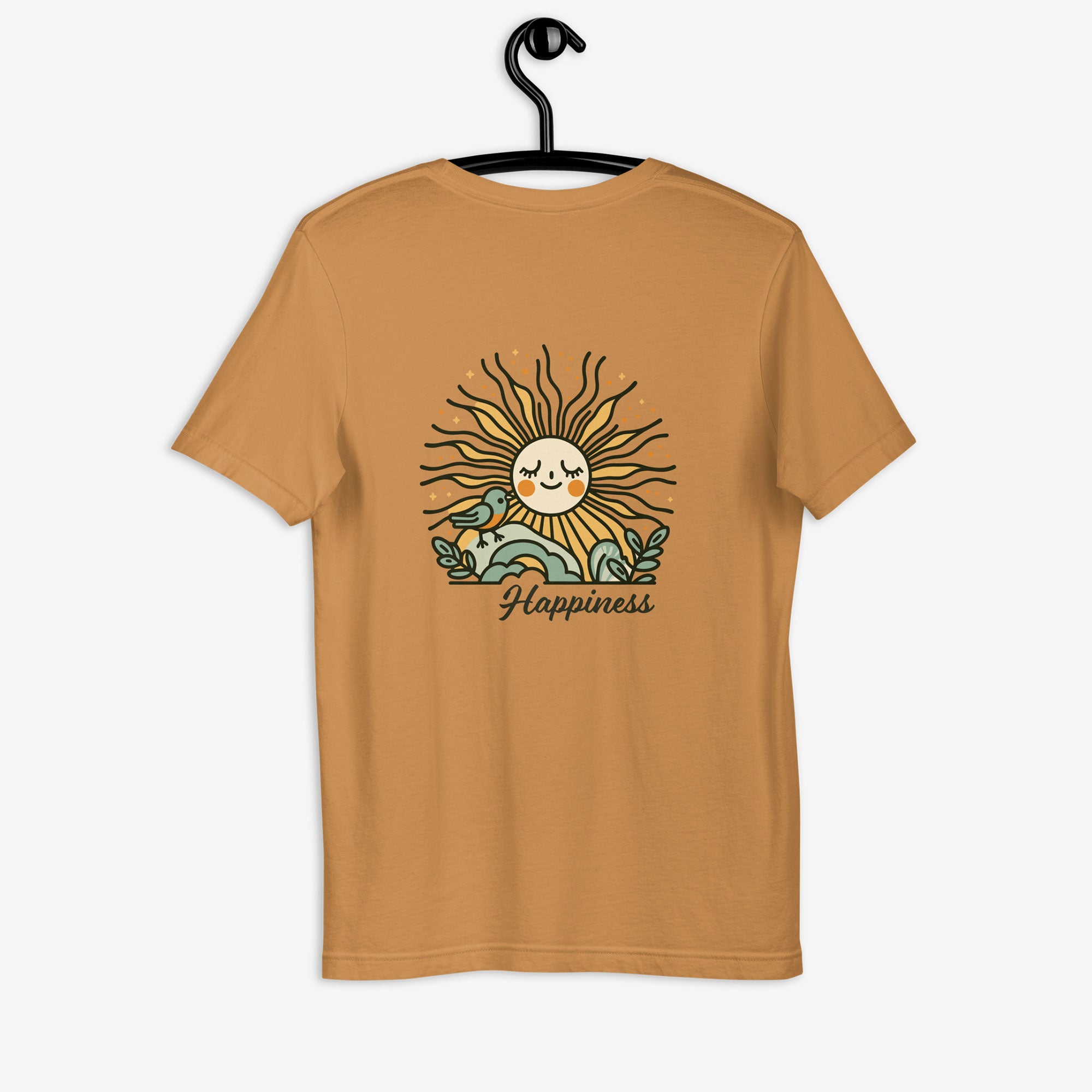 Light brown t-shirt with a sun and moon graphic and 'Happiness' text on a hanger against a white background