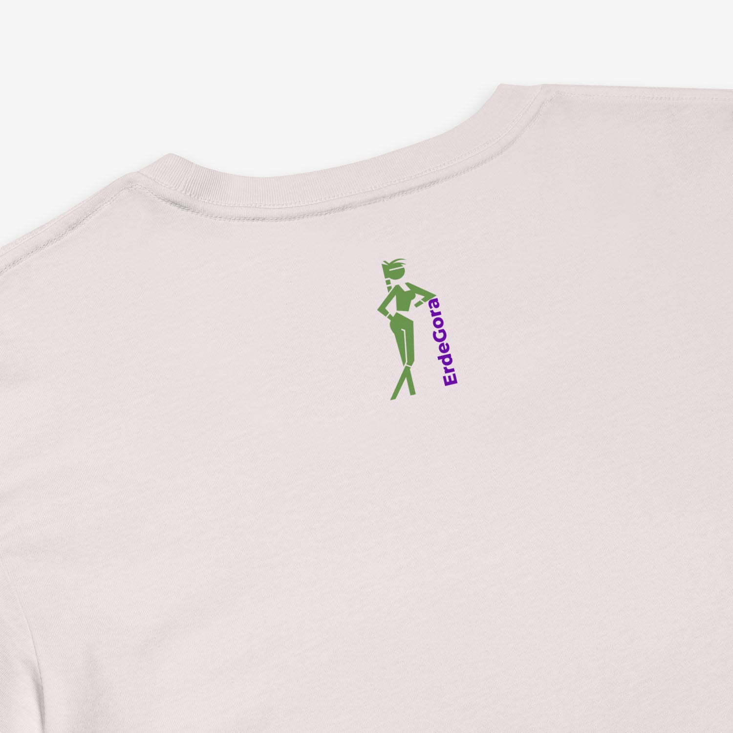 Light pink sweatshirt with a green and purple graphic design logo on the back of the shirt