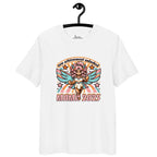 White ErdeGora T-shirt with text 'New Achievement Unlocked: Mama 2025' depicted with a playful, pink and blue, gaming-inspired design featuring a warrior female, hanging on a clothes hanger.
