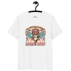 White ErdeGora T-shirt with text 'New Achievement Unlocked: Mama 2025' depicted with a playful, pink and blue, gaming-inspired design featuring a warrior female, hanging on a clothes hanger.