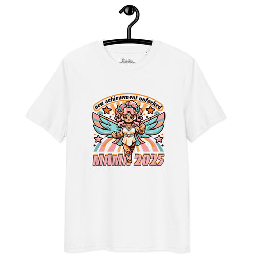 White ErdeGora T-shirt with text 'New Achievement Unlocked: Mama 2025' depicted with a playful, pink and blue, gaming-inspired design featuring a warrior female, hanging on a clothes hanger.