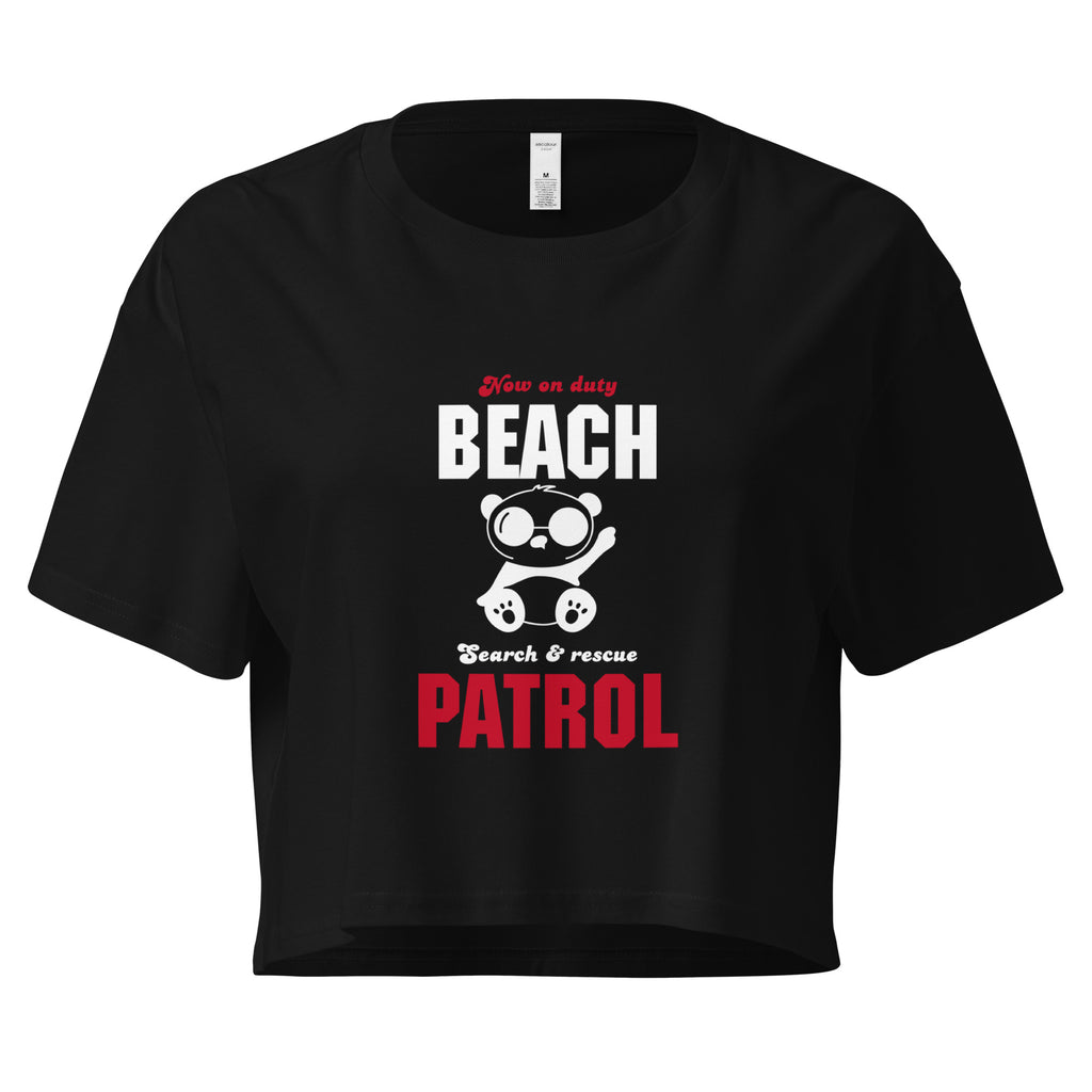 Product mockup front view black crop top front view beach patrol search and rescue panda 