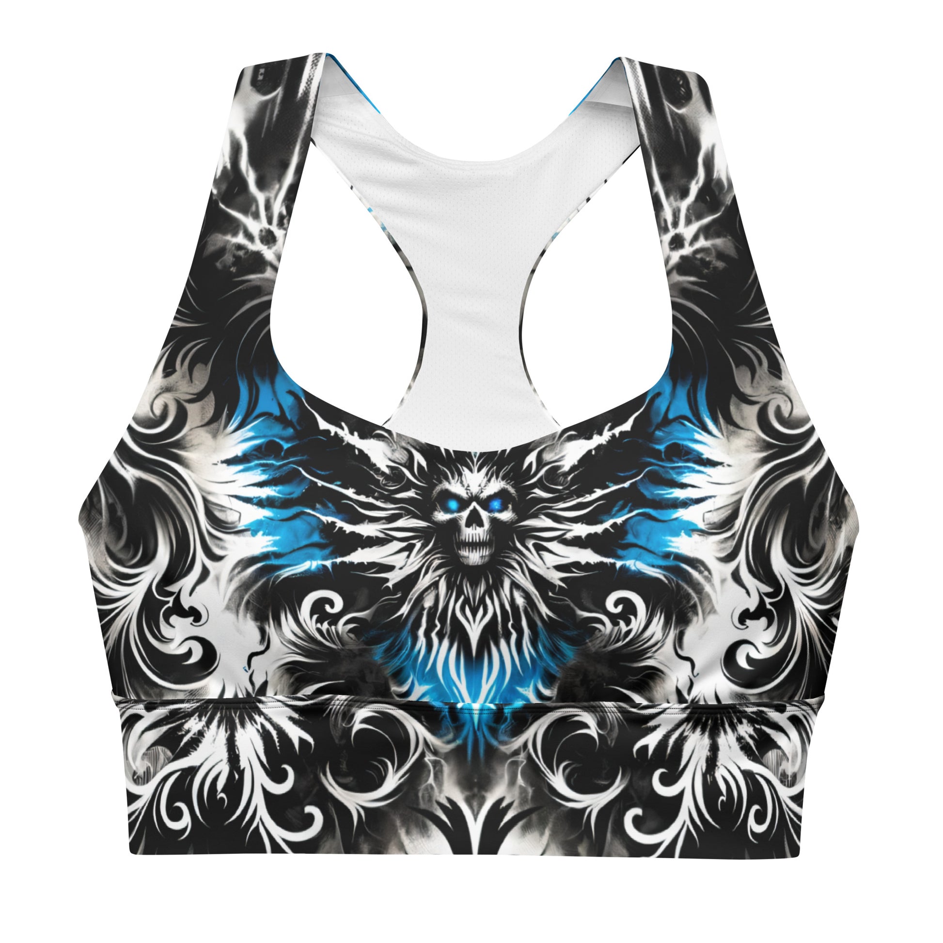 Front view of the Ghostly Glimmer Longline Sports Bra featuring a black and white tie-dye gothic design.