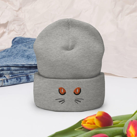 Grey Cuffed Beanie Cute Cat Eyes Embroidery - ErdeGora