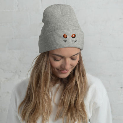 Grey Cuffed Beanie Cute Cat Eyes Embroidery - ErdeGora