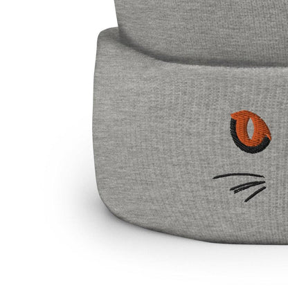 Grey Cuffed Beanie Cute Cat Eyes Embroidery - ErdeGora