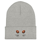 Grey Cuffed Beanie Cute Cat Eyes Embroidery - ErdeGora