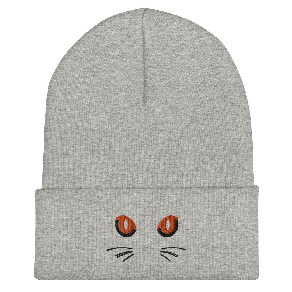 Grey Cuffed Beanie Cute Cat Eyes Embroidery - ErdeGora