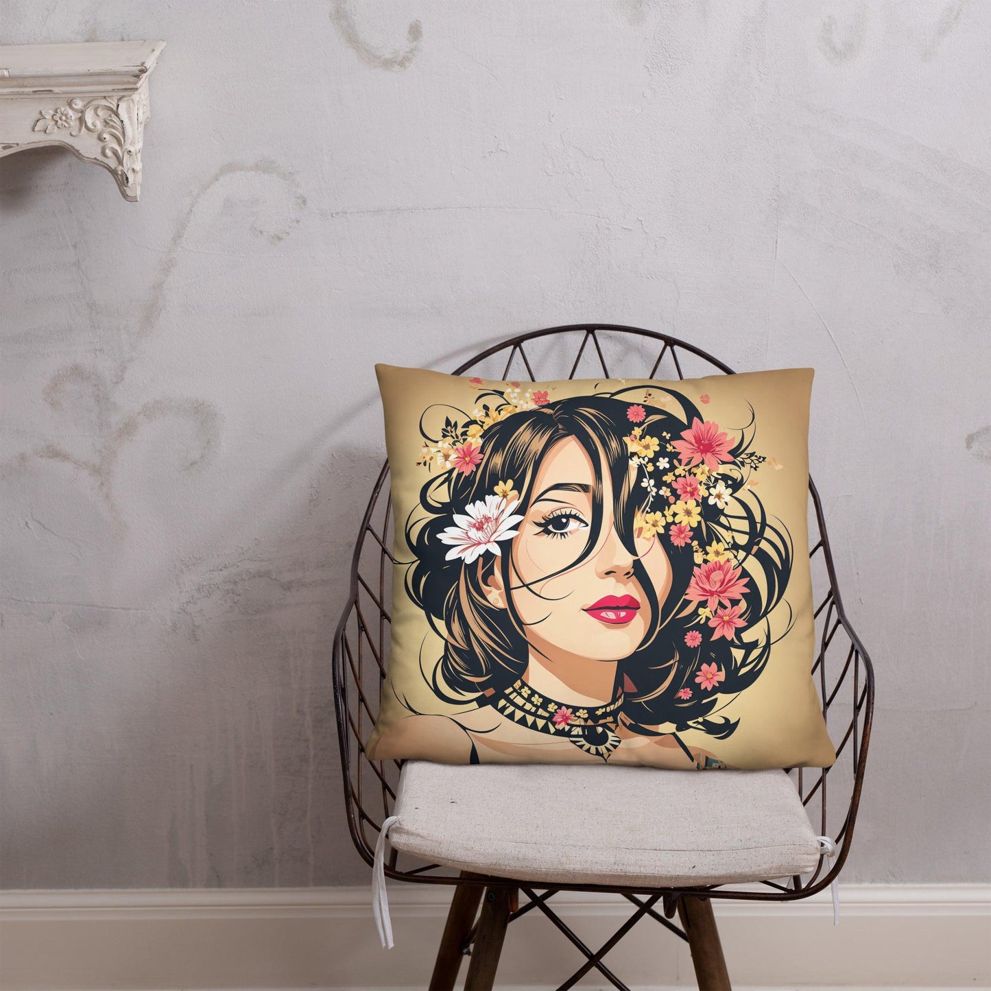 Throw pillow featuring an art deco-inspired image of a woman with red lips, black hair adorned with pink and yellow flowers, wearing a vintage choker necklace.