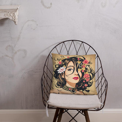 Throw pillow featuring an art deco-inspired image of a woman with red lips, black hair adorned with pink and yellow flowers, wearing a vintage choker necklace.