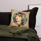 Portrait of a beautiful woman adorned with flower accessories in her hair and around her neck. Vintage colors inspired by nature and the art deco period.