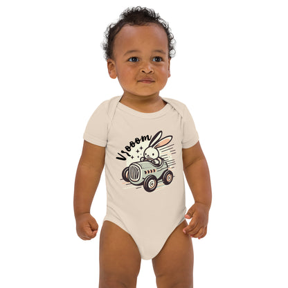 Organic Cotton Baby Bodysuit Racing Vrooom Rabbit - ErdeGora