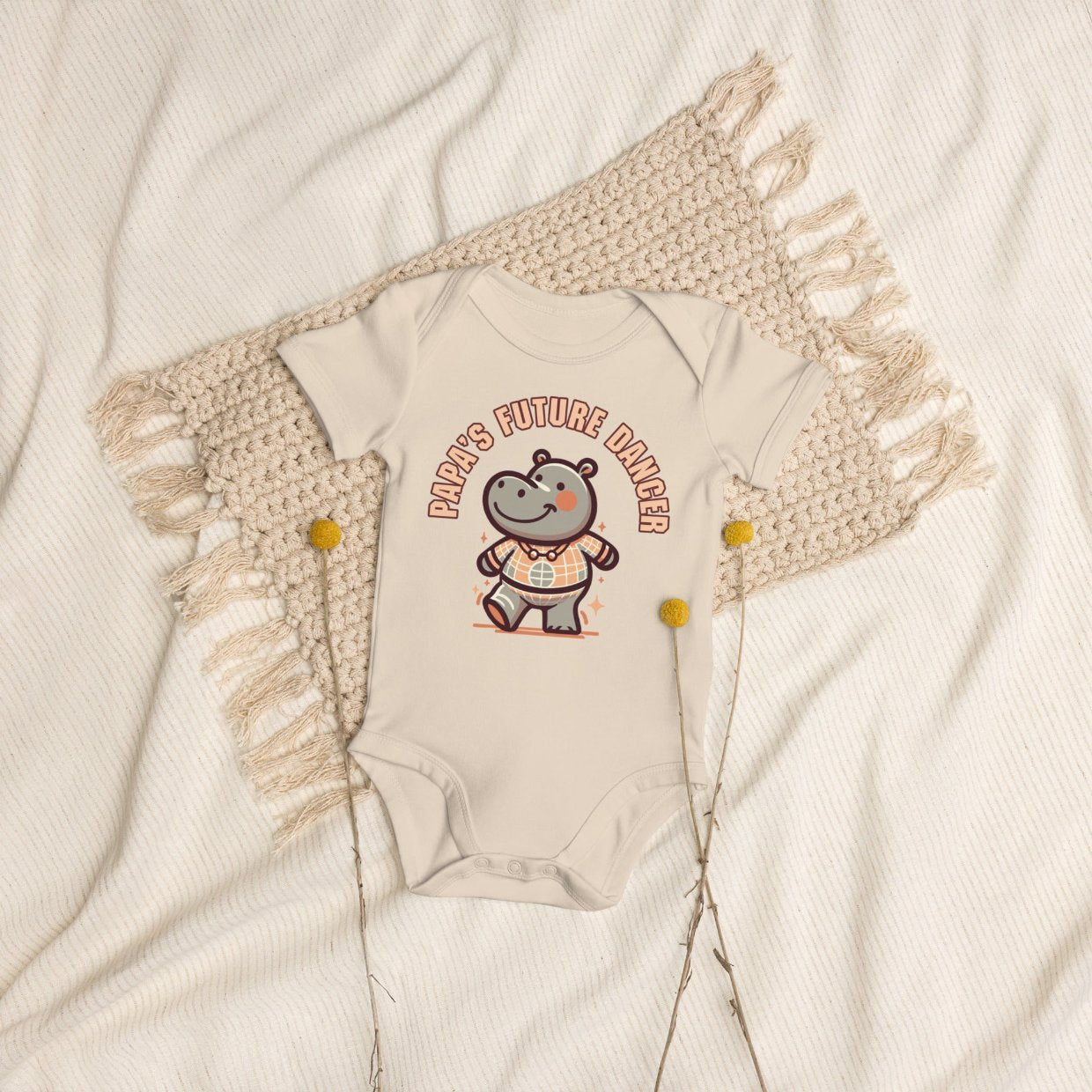 ErdeGora Organic Cotton Baby Bodysuit with 'Papa's Future Dancer' text, celebrating the joy and movement of dance