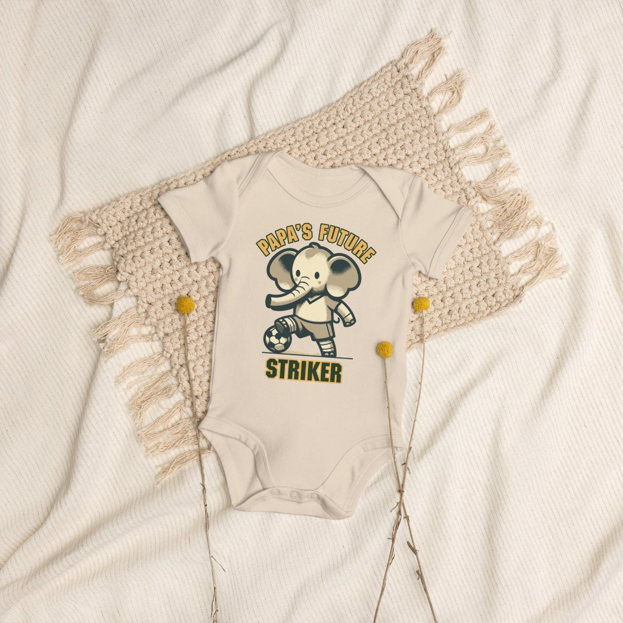 Organic Cotton Baby Bodysuit featuring an Elephant with a Soccer Ball and ‘Papa’s Future Striker’ text