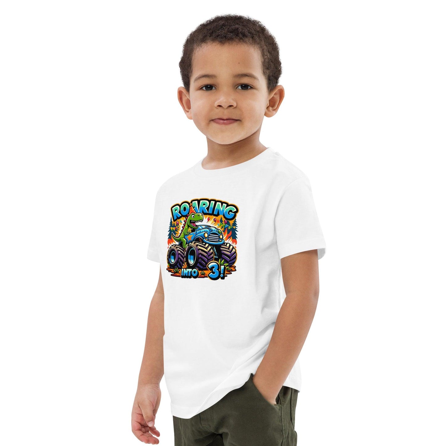 Organic Cotton Kids T-shirt Roaring Into 3 - ErdeGora