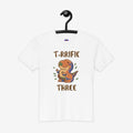 White t-shirt with a dinosaur graphic and text on a hanger against a white background