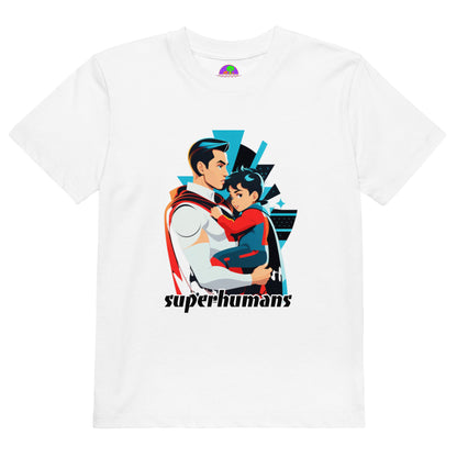 Organic Cotton Kids T-shirt Superhumans Papa & Son Superhero Duo - ErdeGora