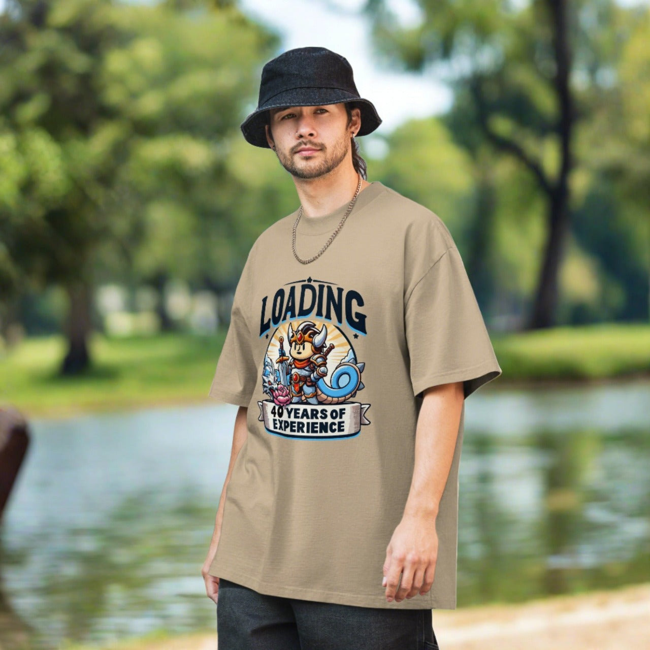 Wearing the Loading 40 Years Of Experience Oversized Faded T-shirt, showcasing its stylish oversized fit and celebrating decades of expertise.