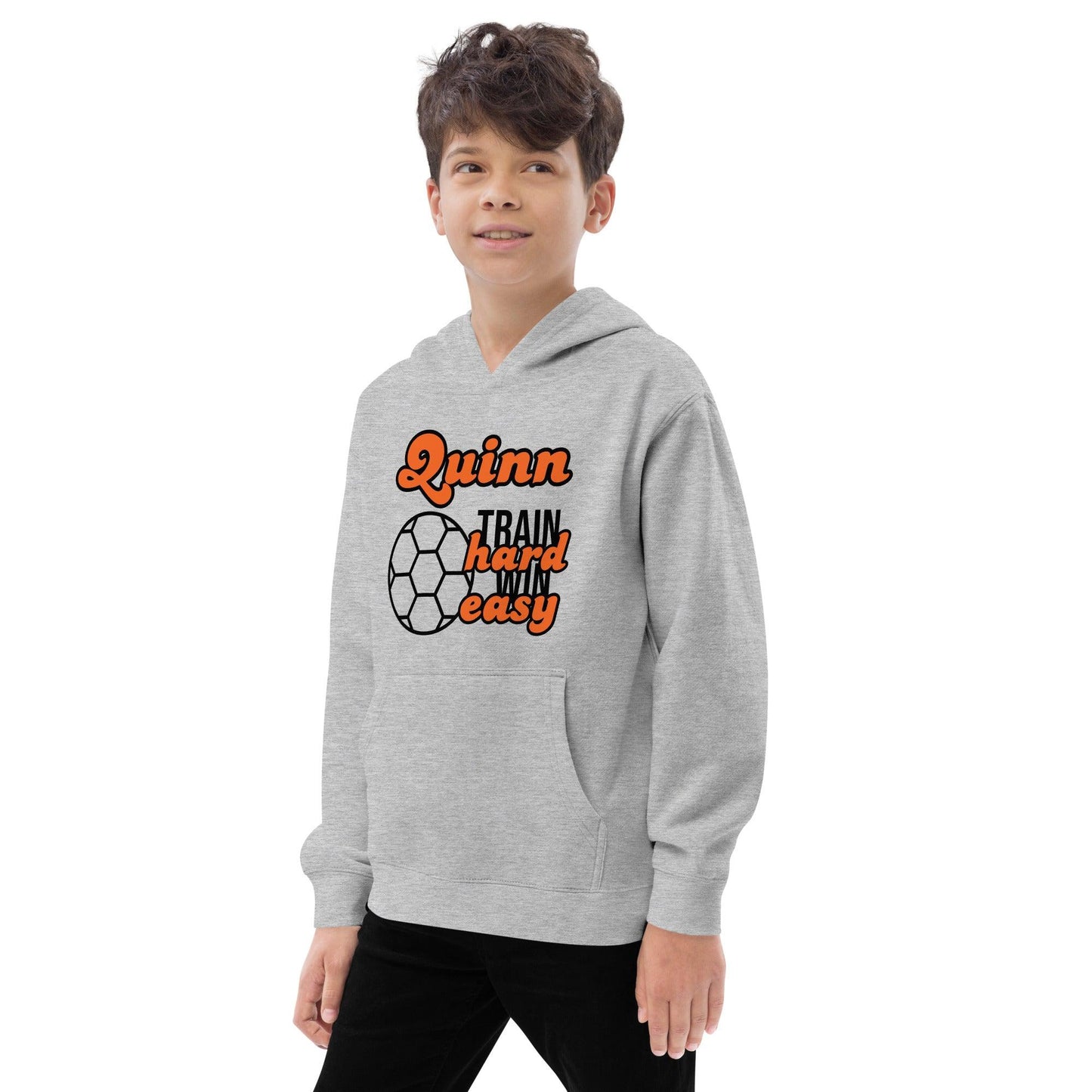 Personalize it! Kids Fleece Hoodie Train Hard Win Easy Soccer - ErdeGora