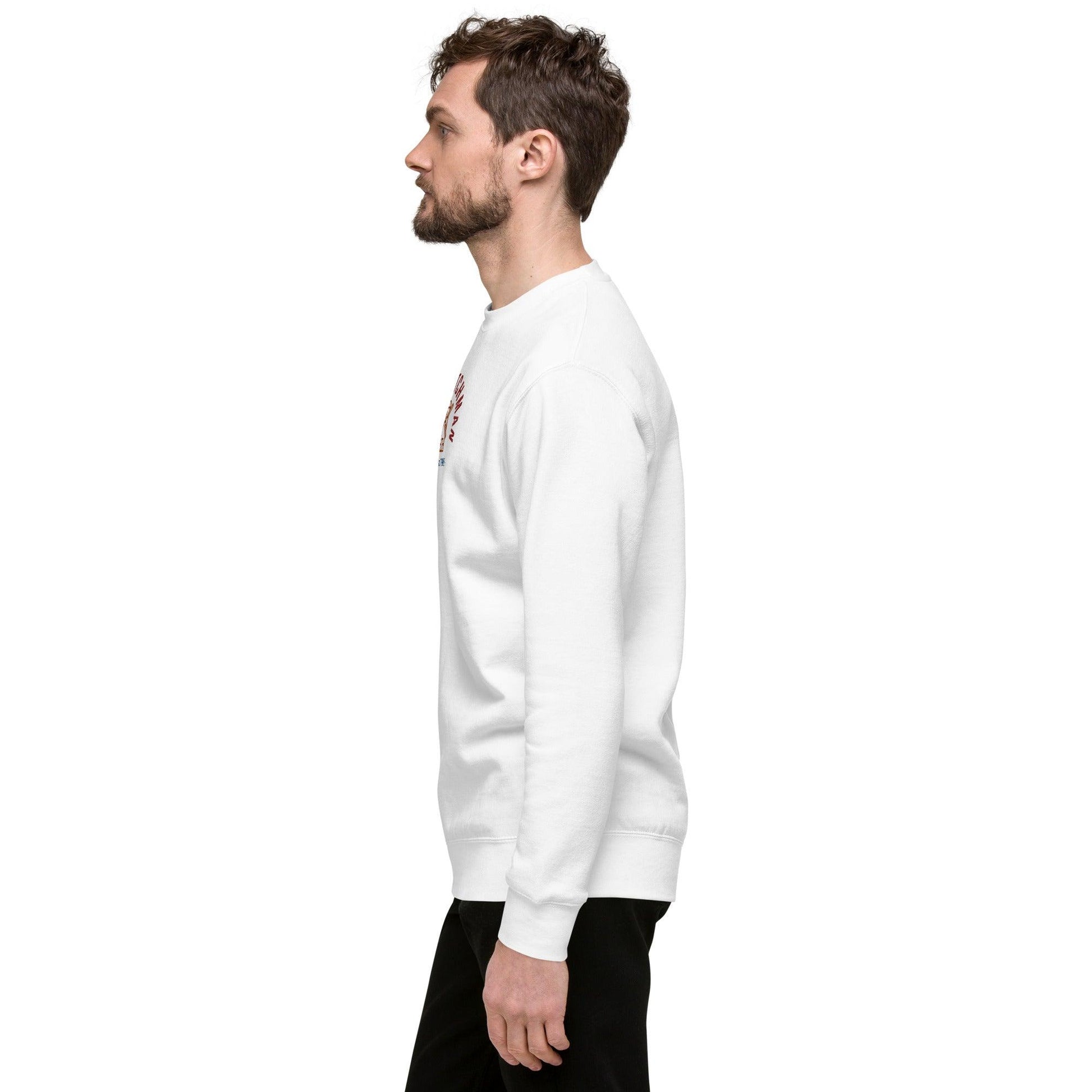 man in white sweatshirt , left view, shoulder and sleeves details