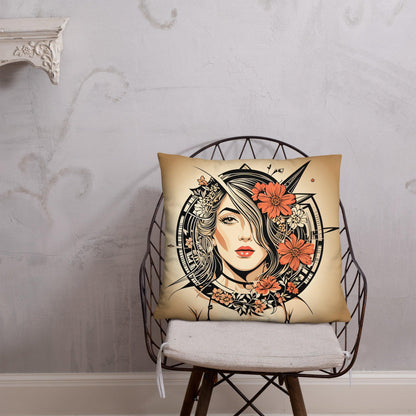 Throw pillow featuring a lady’s face with floral accents. Vintage-inspired hues infuse nature and art deco vibes into a romantic atmosphere.