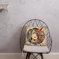 Throw pillow featuring a lady’s face with floral accents. Vintage-inspired hues infuse nature and art deco vibes into a romantic atmosphere.