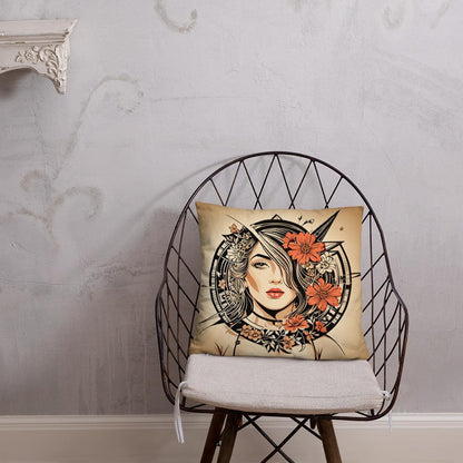 Throw pillow featuring a lady’s face with floral accents. Vintage-inspired hues infuse nature and art deco vibes into a romantic atmosphere.