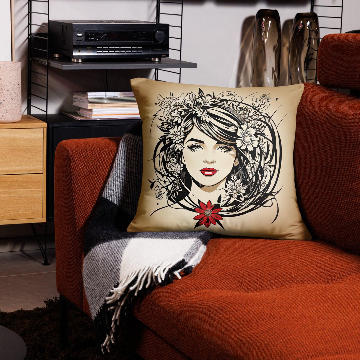 Art deco-inspired cushion: Beautiful girl with floral embellishments in black and white. Accent lips in vibrant red evoke vintage elegance and natural allure.