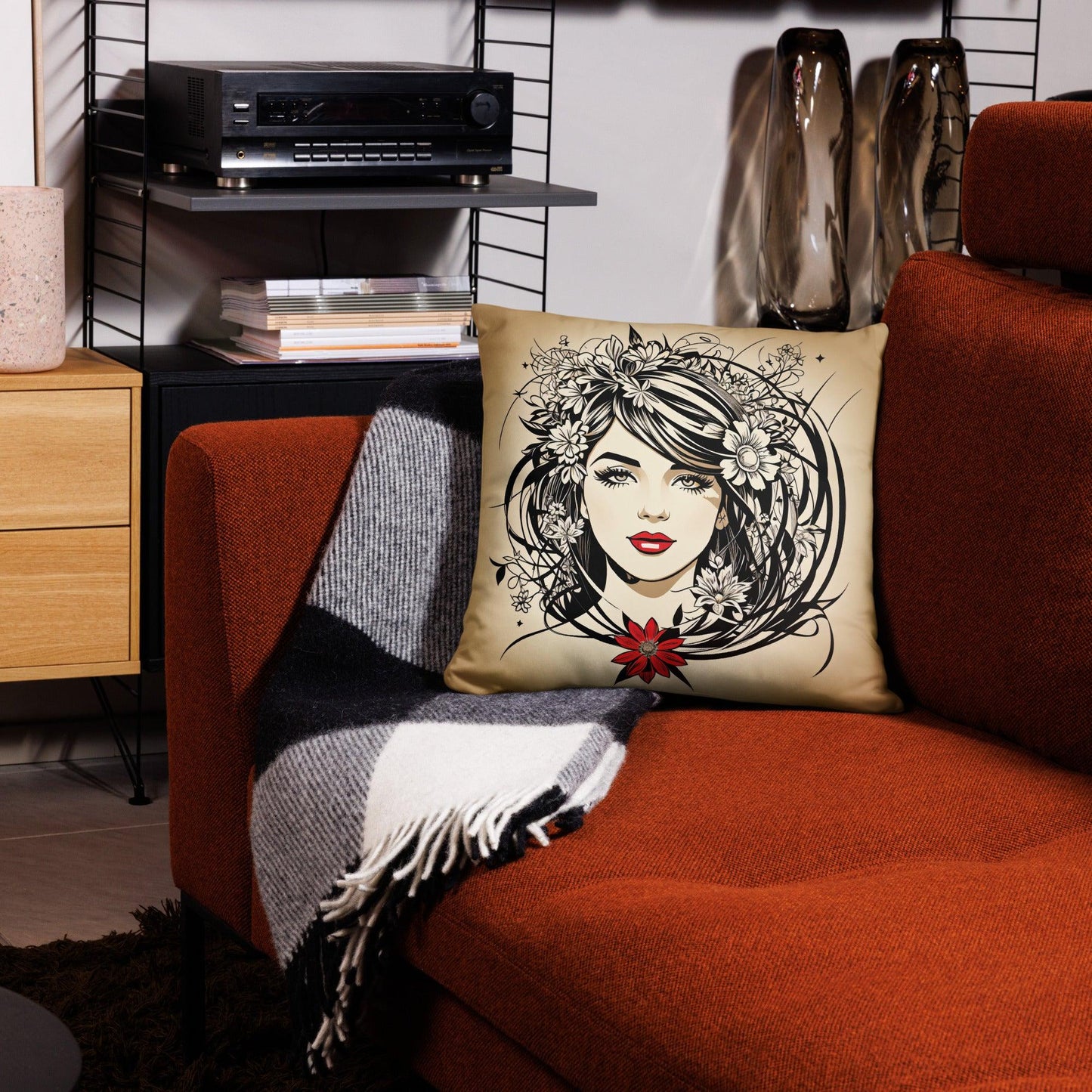 Art deco-inspired cushion: Beautiful girl with floral embellishments in black and white. Accent lips in vibrant red evoke vintage elegance and natural allure.