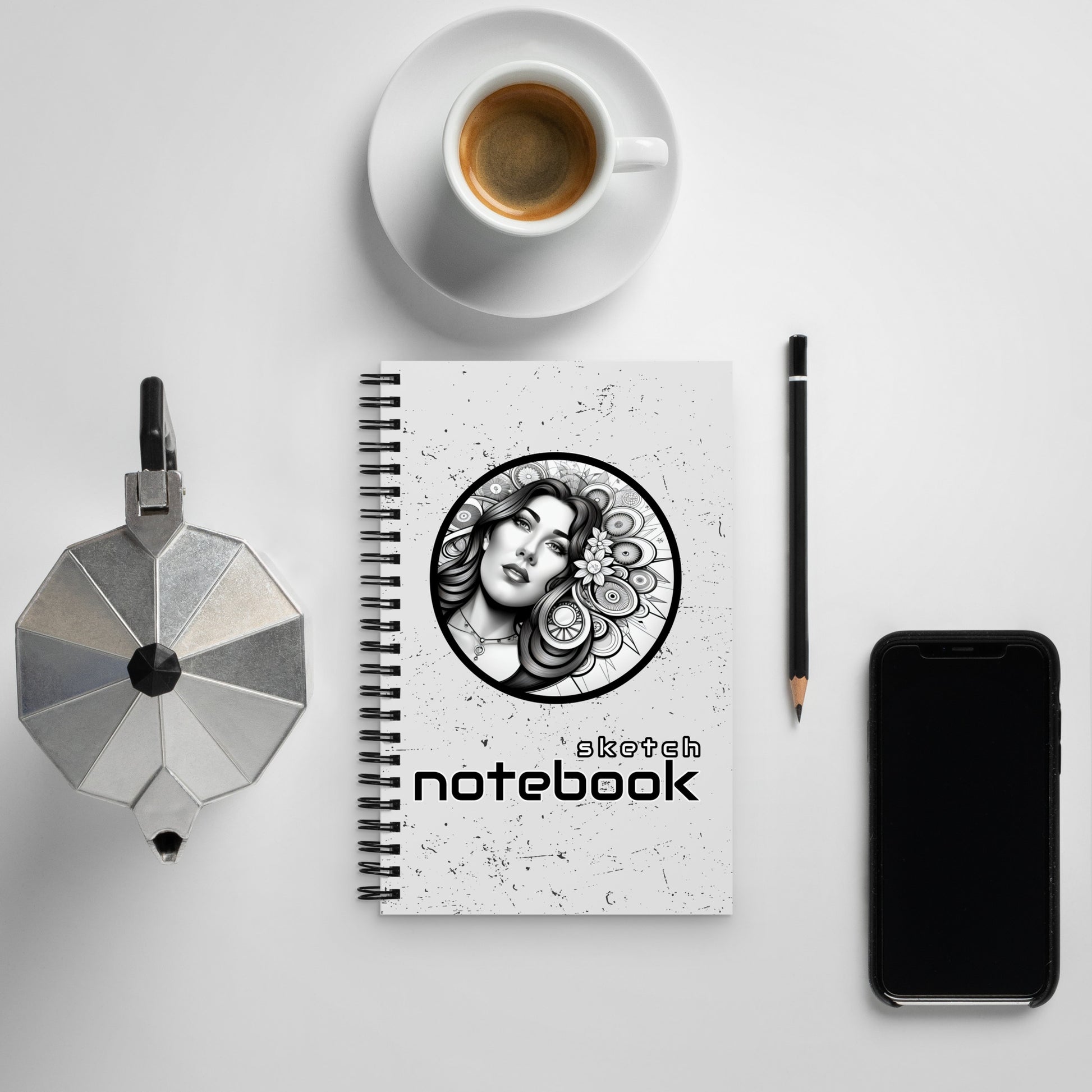 Monochrome Spiral Sketch Notebook With Head In Flowers - ErdeGora