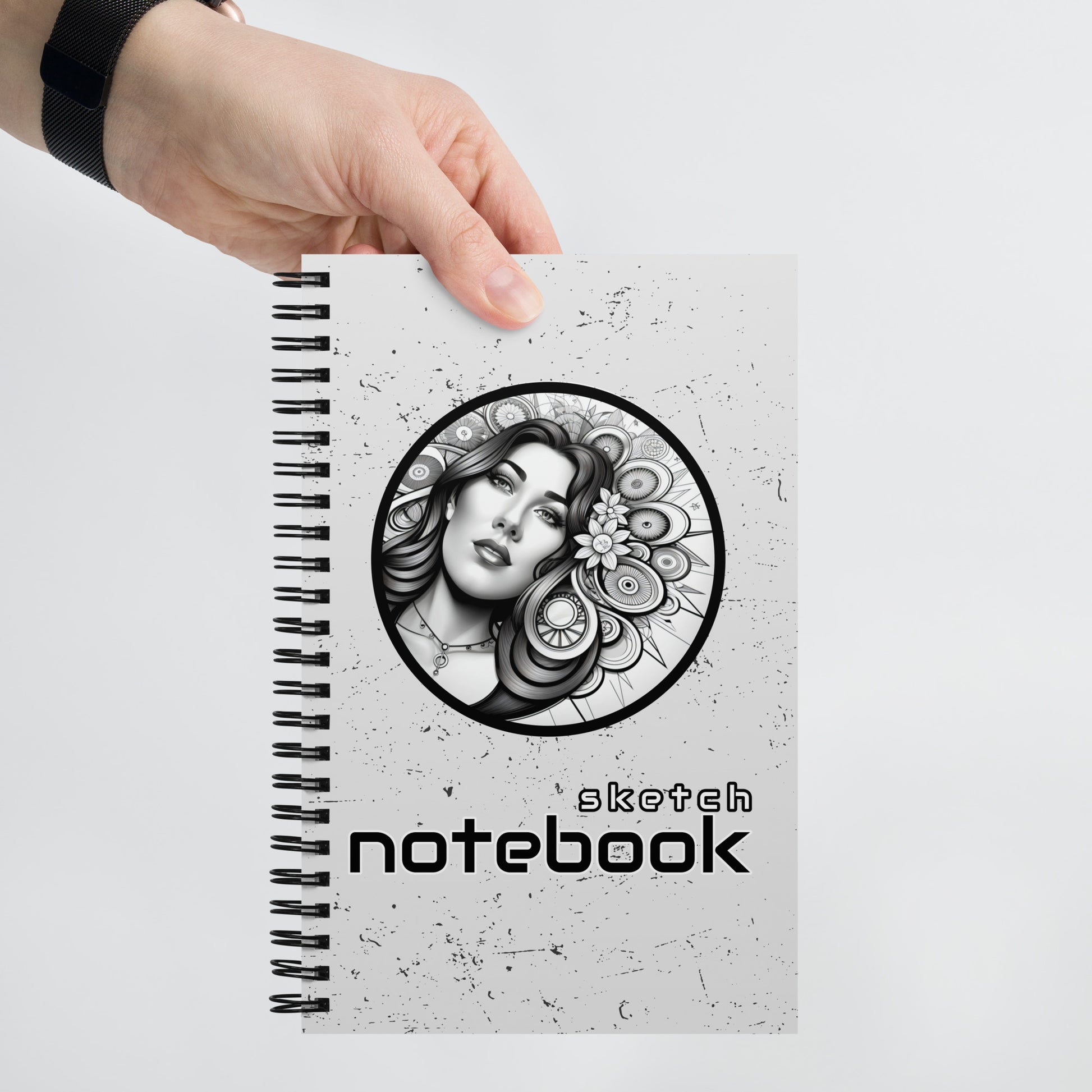 Monochrome Spiral Sketch Notebook With Head In Flowers - ErdeGora