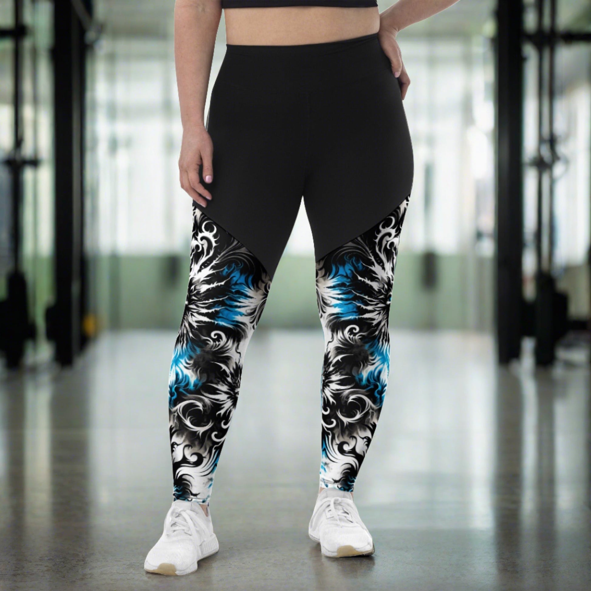 Sports Leggings - Ghostly Glimmer with gothic-inspired black and white pattern featuring central spectral figure, designed for high-intensity workouts and stylish streetwear.