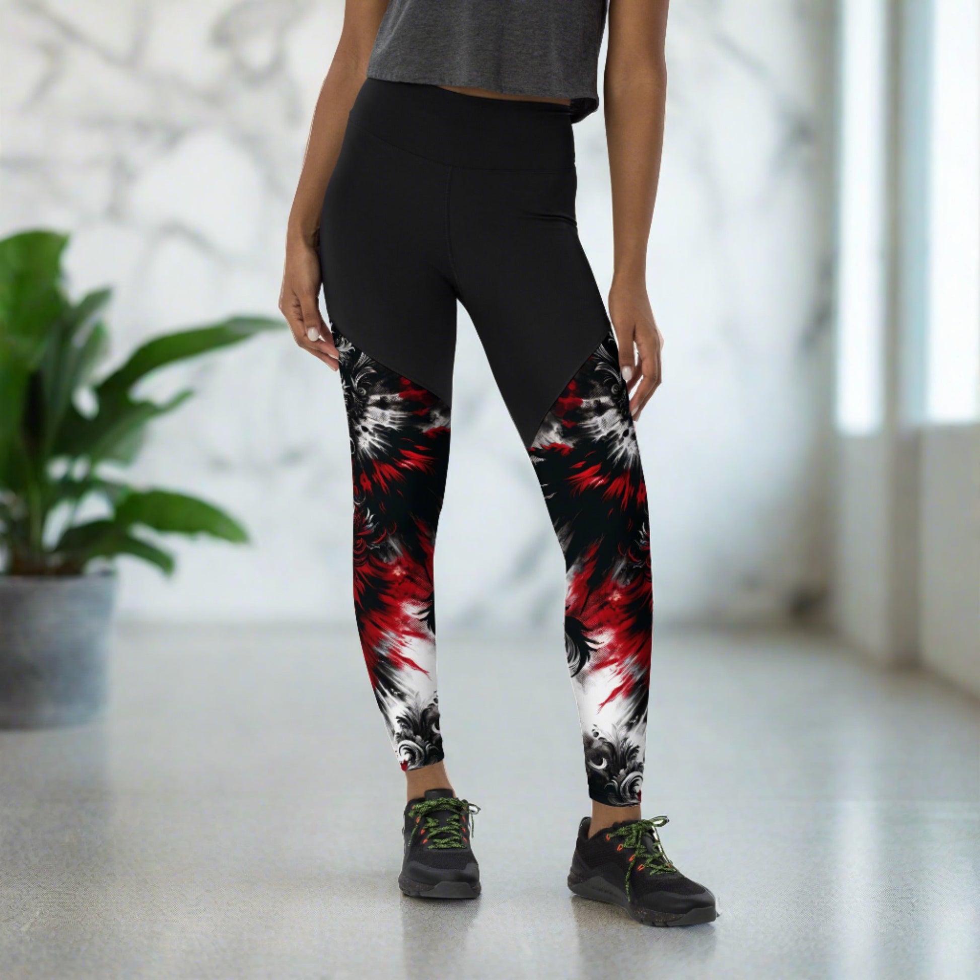 Conquer your workouts with style in the 'Crimson Nocturne' Sports Leggings from our Midnight Pulse Collection, featuring a bold gothic print with dramatic crimson and black swirls.