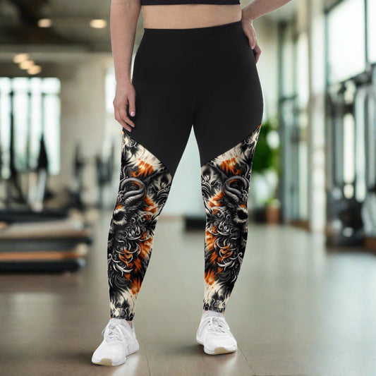 Sports Leggings - Twilight Flame showcasing a bold flame and skull pattern in orange and black, perfect for those who train as fiercely as they live.