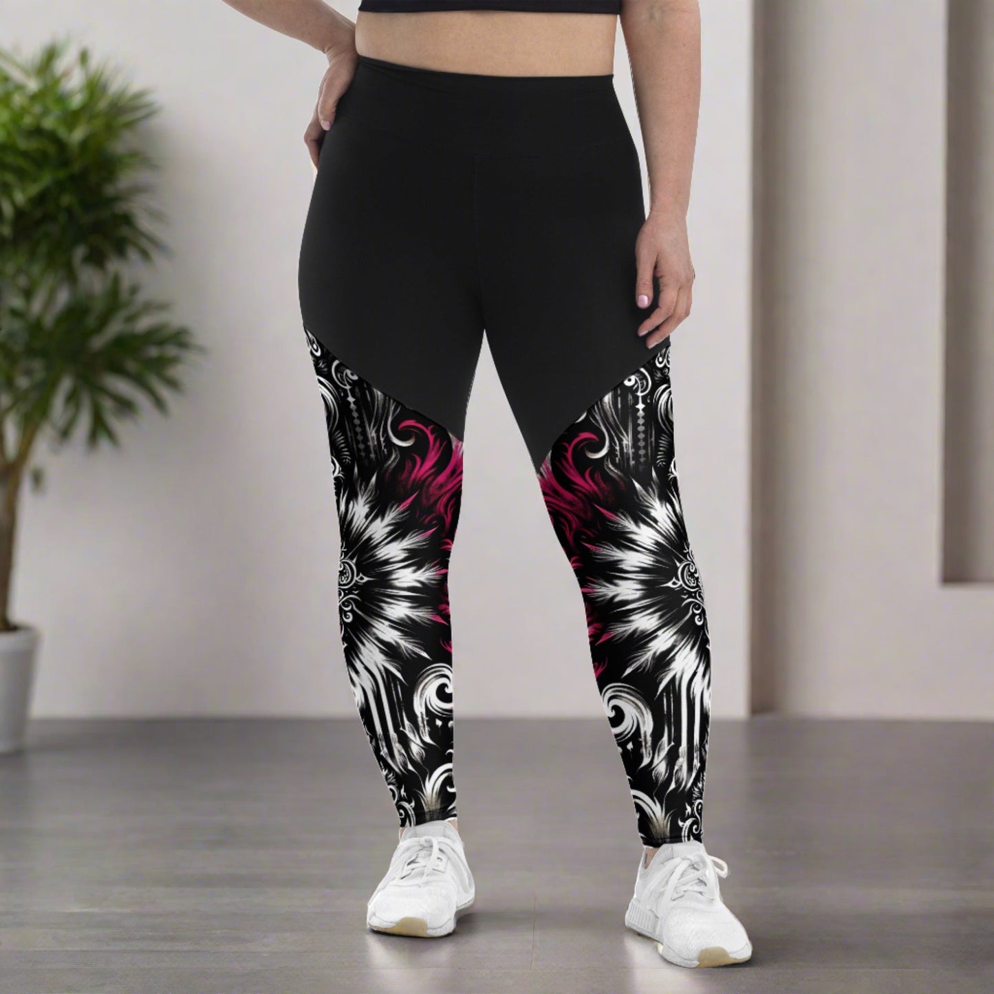 Sports Leggings - Gothic Blossom featuring an elegant black, white, and pink floral gothic pattern, perfect for high-performance workouts and trend-setting street styles.