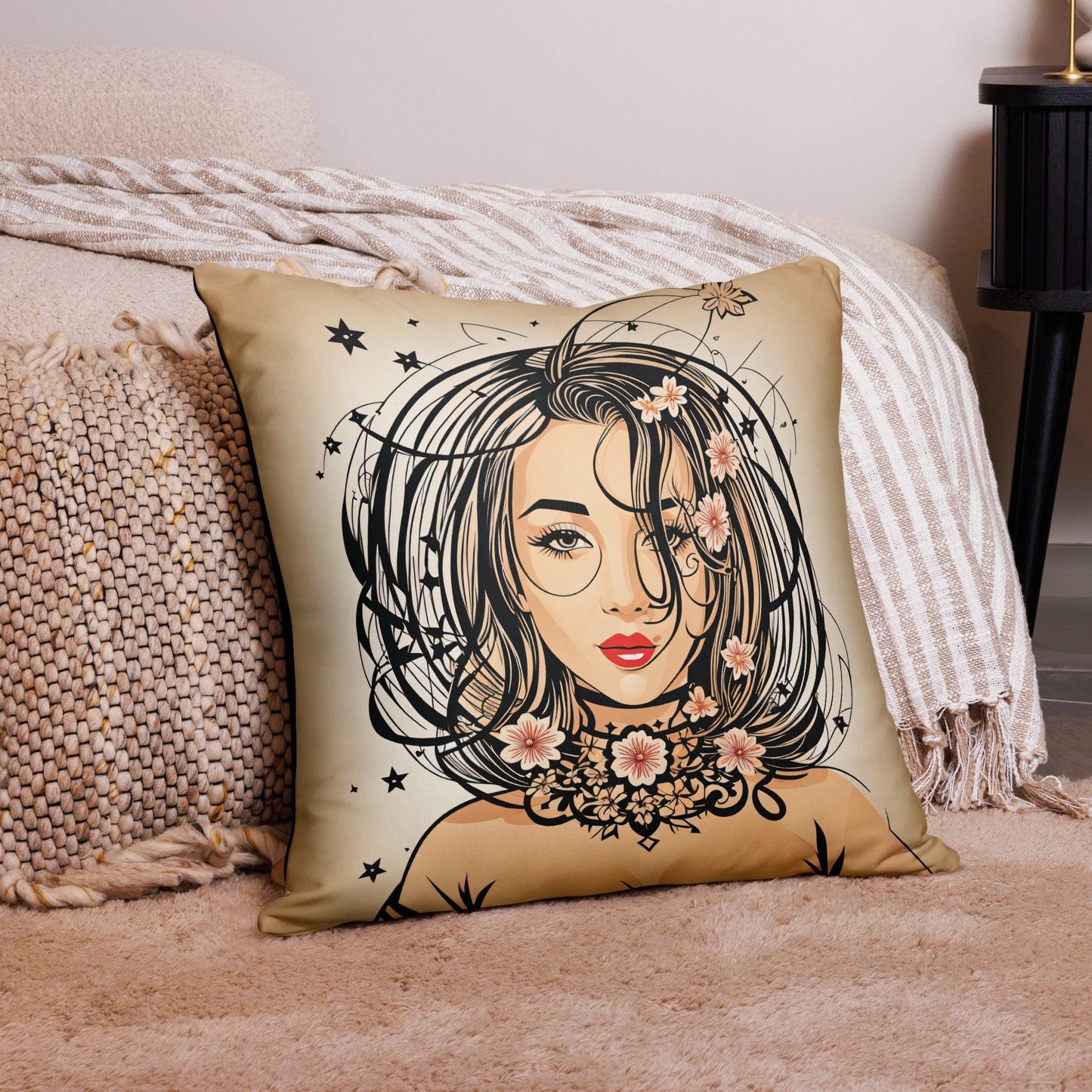 Flower girl with head in the stars. Art deco-inspired design with pink floral accents. Expressive eyes and red lips enhance the artwork’s allure.