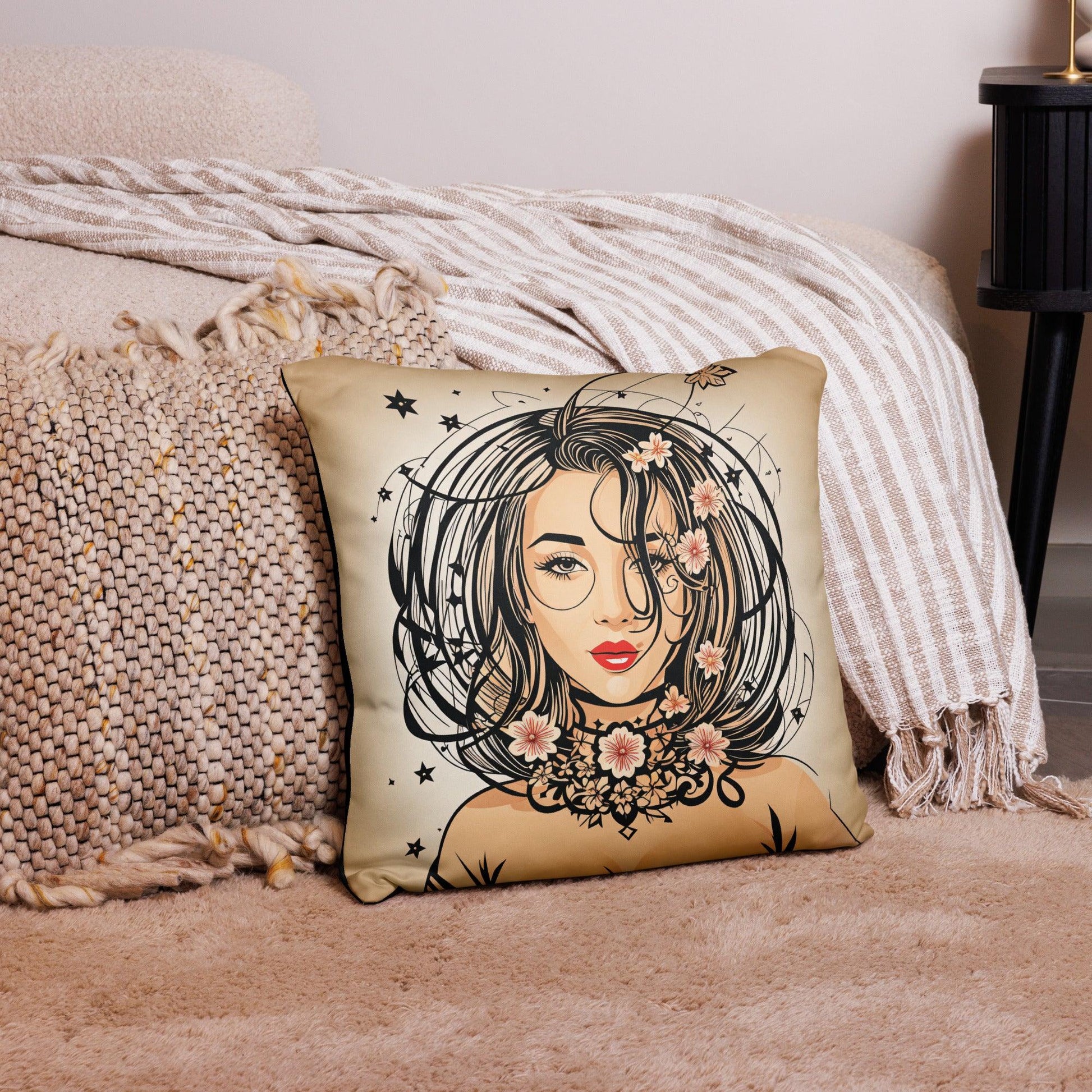 Flower girl with head in the stars. Art deco-inspired design with pink floral accents. Expressive eyes and red lips enhance the artwork’s allure.