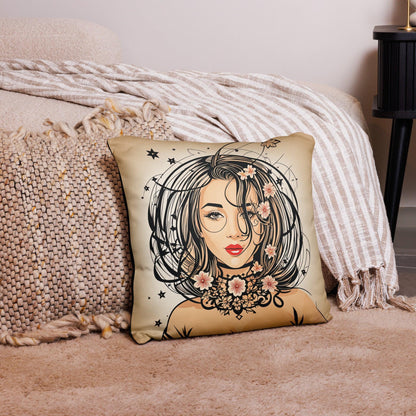 Flower girl with head in the stars. Art deco-inspired design with pink floral accents. Expressive eyes and red lips enhance the artwork’s allure.