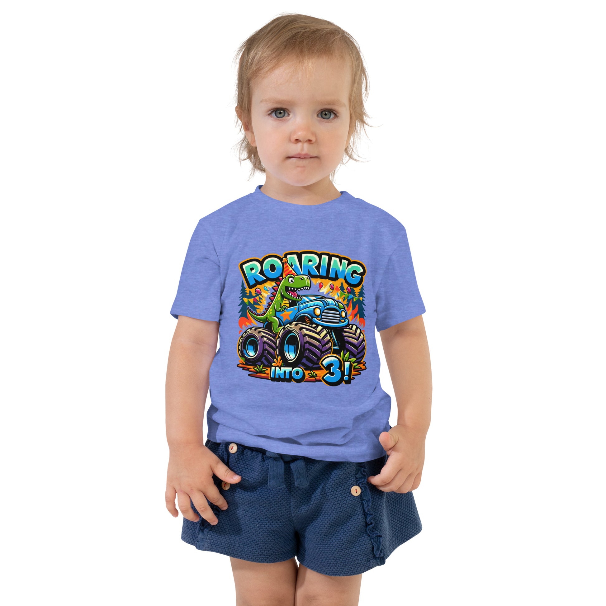 Toddler Short Sleeve Tee Roaring Into Three - ErdeGora