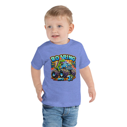 Toddler Short Sleeve Tee Roaring Into Three - ErdeGora