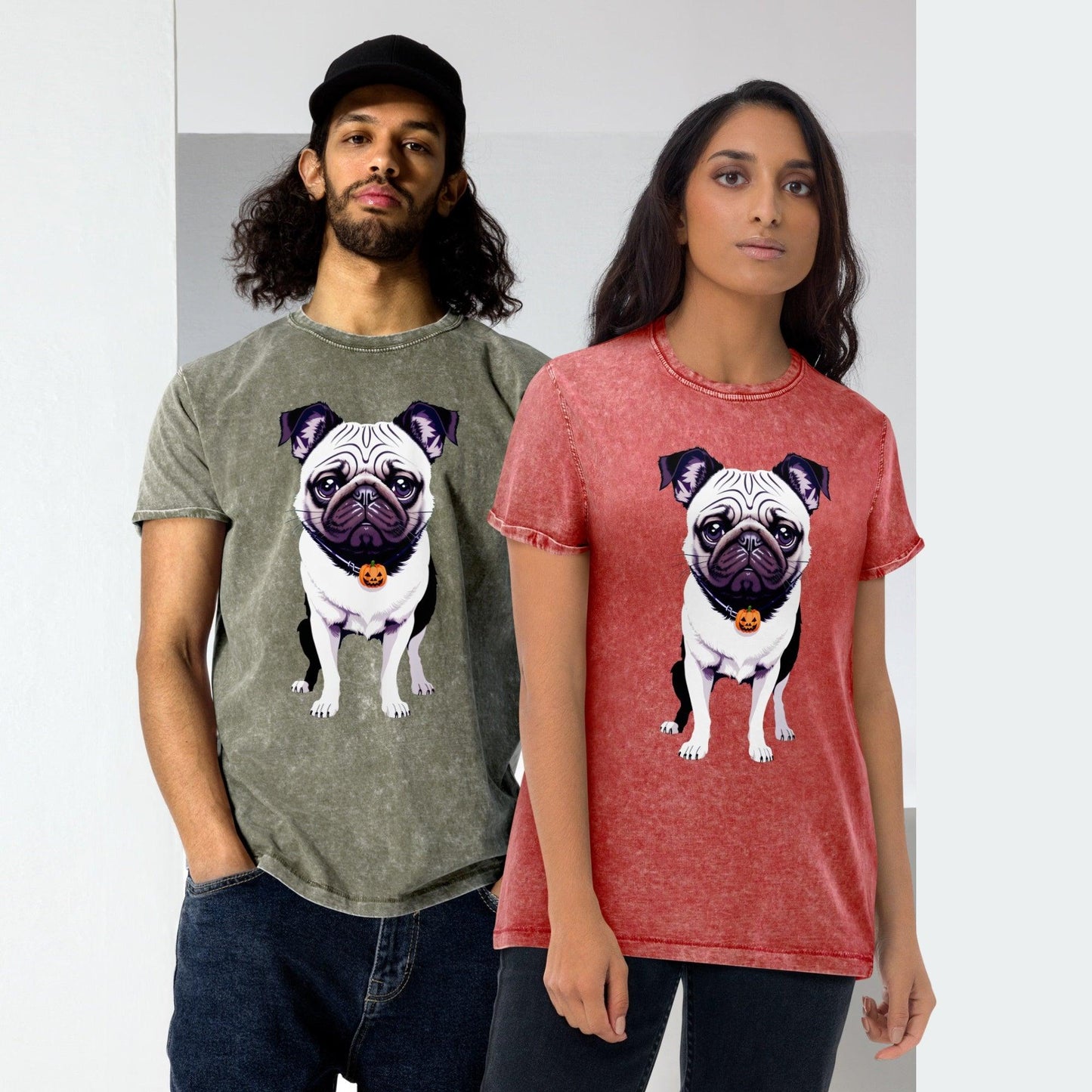 Unisex denim t-shirt featuring a cute pug wearing a Halloween necklace, ideal for seasonal festivities or as a fun casual outfit for dog enthusiasts.