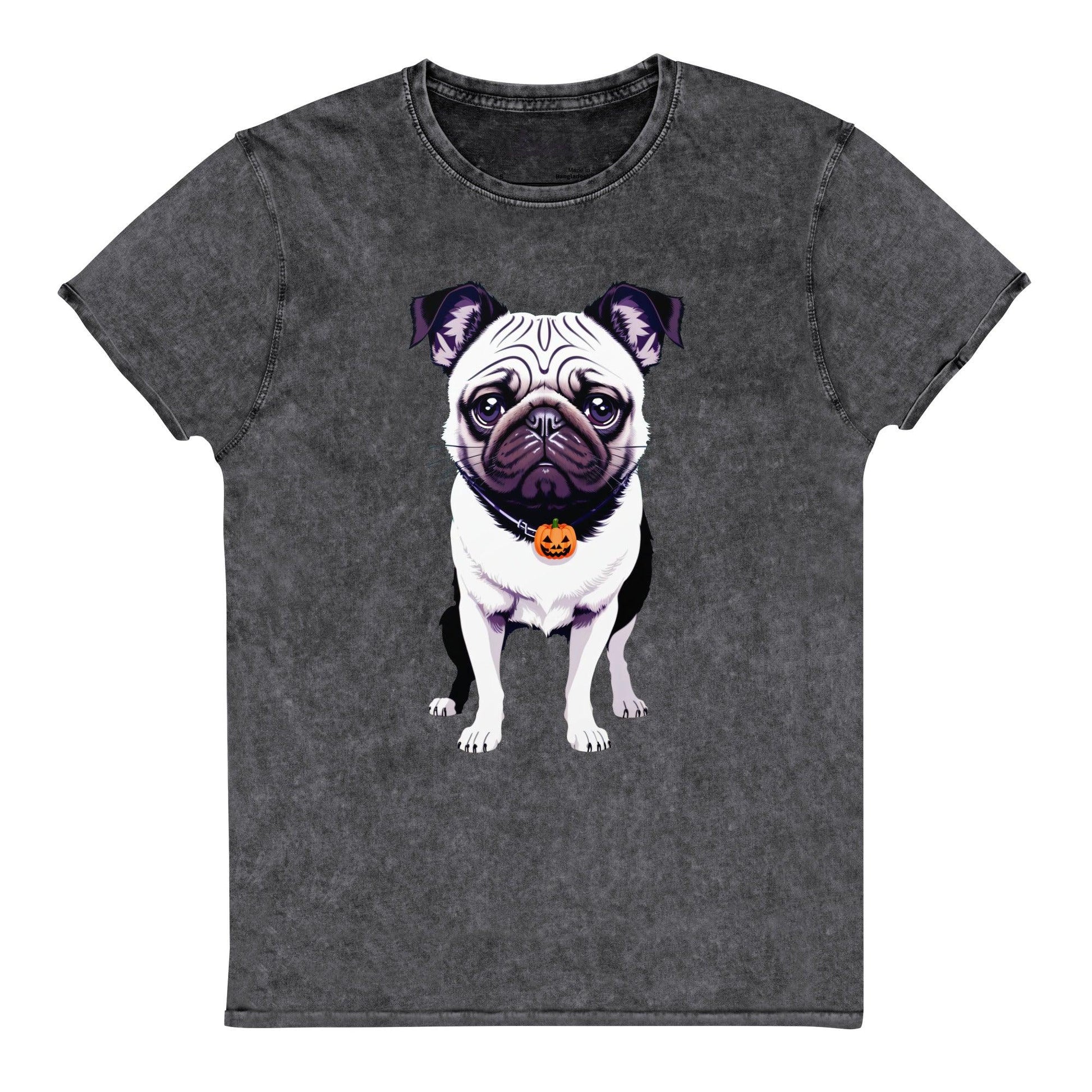 flat lay of the denim tshirt with the pug pup with pumpkin design neckless