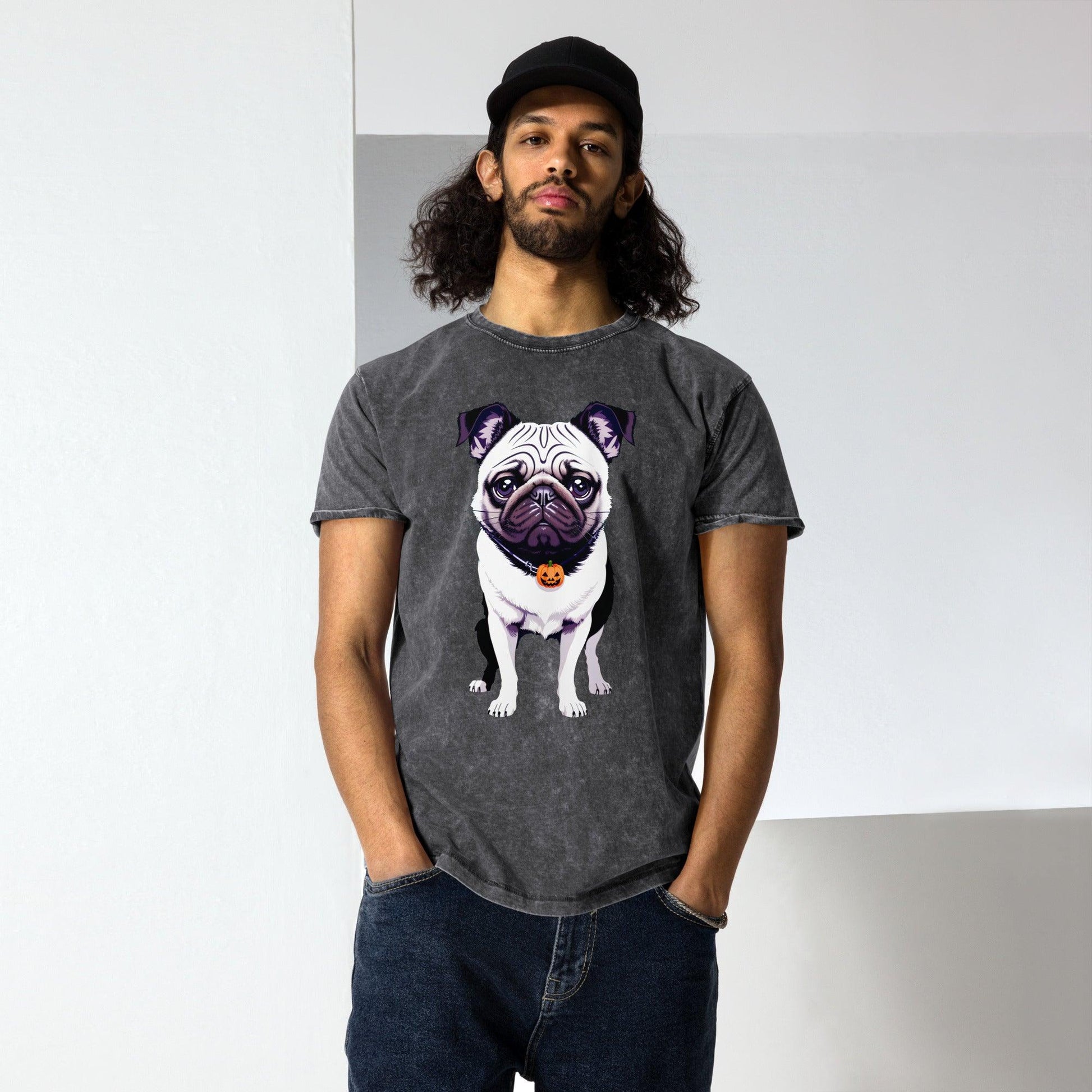 man wearing the black denim tshirt, pug pup design wearing a pumpkin neckless front view