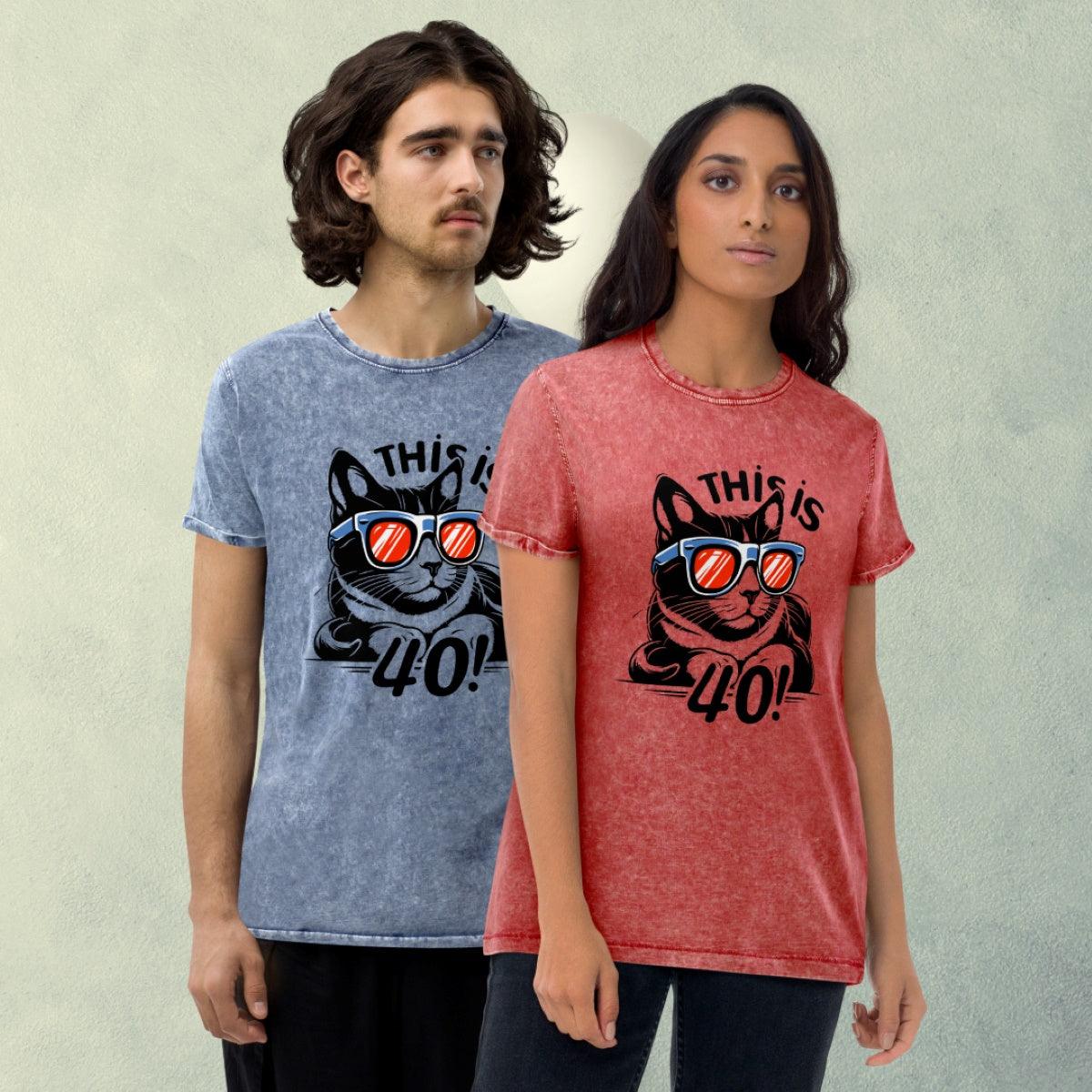 unisex denim t shirt denim blue and red front this is 40 black cat wearing blue glasses