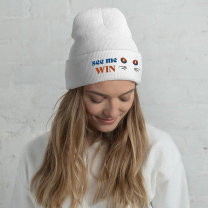 White Cuffed Beanie See Me Win Embroidery - ErdeGora