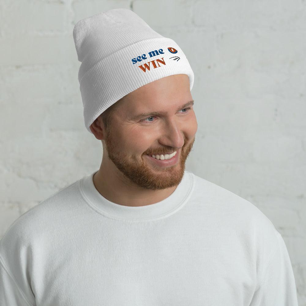 White Cuffed Beanie See Me Win Embroidery - ErdeGora